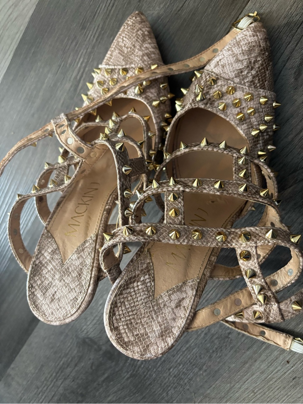 Studded Taupe Snake-Embossed Pointed Toe Flats - Mackin